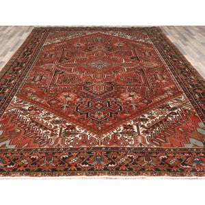 9'9"x12'4" Tomato Red, Hand Knotted, Sides And Ends Professionally Secured, Cleaned, Vintage Persian Heriz, Worn Down With Distressed Look, Oriental Rug FWR511488