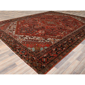 9'9"x12'4" Tomato Red, Hand Knotted, Sides And Ends Professionally Secured, Cleaned, Vintage Persian Heriz, Worn Down With Distressed Look, Oriental Rug FWR511488