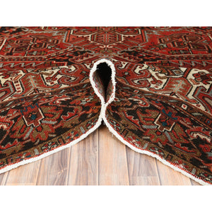 9'9"x12'4" Tomato Red, Hand Knotted, Sides And Ends Professionally Secured, Cleaned, Vintage Persian Heriz, Worn Down With Distressed Look, Oriental Rug FWR511488