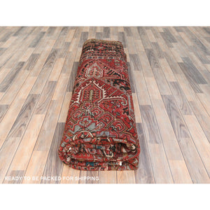 9'9"x12'4" Tomato Red, Hand Knotted, Sides And Ends Professionally Secured, Cleaned, Vintage Persian Heriz, Worn Down With Distressed Look, Oriental Rug FWR511488