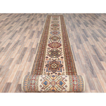 Load image into Gallery viewer, 2&#39;9&quot;x35&#39;8&quot; Ivory, Afghan Super Kazak with Geometric Medallion Design, Natural Dyes, Soft Wool Hand Knotted, XL Runner Oriental Rug FWR511746