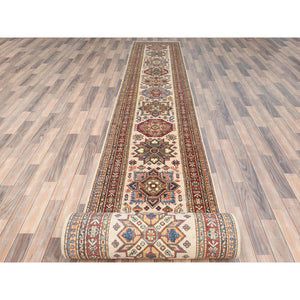 2'9"x35'8" Ivory, Afghan Super Kazak with Geometric Medallion Design, Natural Dyes, Soft Wool Hand Knotted, XL Runner Oriental Rug FWR511746