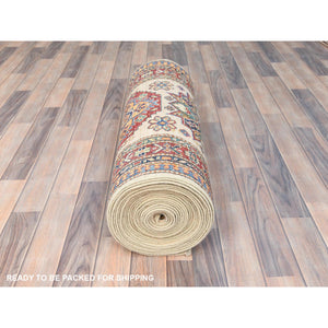 2'9"x35'8" Ivory, Afghan Super Kazak with Geometric Medallion Design, Natural Dyes, Soft Wool Hand Knotted, XL Runner Oriental Rug FWR511746