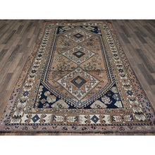 Load image into Gallery viewer, 4&#39;10&quot;x8&#39;1&quot; Bisque Brown, Washed Out and Distressed, Vintage Persian Shiraz with Geometric Pattern, Shaved Low, Zero Pile, Sides and Ends Professionally Secured, Clean, Hand Knotted, 100% Wool, Oriental Rug FWR5112