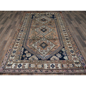 4'10"x8'1" Bisque Brown, Washed Out and Distressed, Vintage Persian Shiraz with Geometric Pattern, Shaved Low, Zero Pile, Sides and Ends Professionally Secured, Clean, Hand Knotted, 100% Wool, Oriental Rug FWR5112
