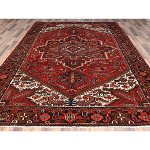 7'10"x11' Crimson Red, Hand Knotted, Vintage Bohemian Persian Heriz, Large Geometric Medallion, Good Condition, Rustic Look, Pure Wool, Sides And Ends Professionally Secured, Cleaned, Oriental Rug FWR511890
