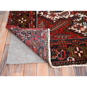 7'10"x11' Crimson Red, Hand Knotted, Vintage Bohemian Persian Heriz, Large Geometric Medallion, Good Condition, Rustic Look, Pure Wool, Sides And Ends Professionally Secured, Cleaned, Oriental Rug FWR511890