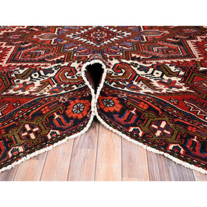 7'10"x11' Crimson Red, Hand Knotted, Vintage Bohemian Persian Heriz, Large Geometric Medallion, Good Condition, Rustic Look, Pure Wool, Sides And Ends Professionally Secured, Cleaned, Oriental Rug FWR511890