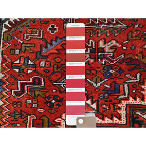 7'10"x11' Crimson Red, Hand Knotted, Vintage Bohemian Persian Heriz, Large Geometric Medallion, Good Condition, Rustic Look, Pure Wool, Sides And Ends Professionally Secured, Cleaned, Oriental Rug FWR511890