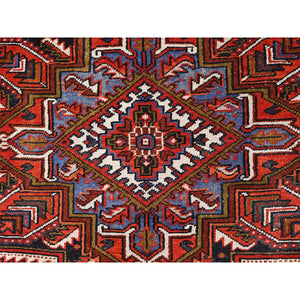 7'10"x11' Crimson Red, Hand Knotted, Vintage Bohemian Persian Heriz, Large Geometric Medallion, Good Condition, Rustic Look, Pure Wool, Sides And Ends Professionally Secured, Cleaned, Oriental Rug FWR511890