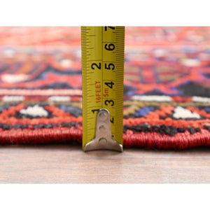 7'10"x11' Crimson Red, Hand Knotted, Vintage Bohemian Persian Heriz, Large Geometric Medallion, Good Condition, Rustic Look, Pure Wool, Sides And Ends Professionally Secured, Cleaned, Oriental Rug FWR511890