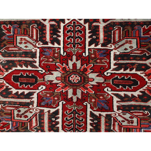7'9"x10'10" Ajax Red, Pure Wool, Hand Knotted, Vintage Bohemian Persian Heriz, Large Geometric Medallion, Good Condition, Rustic Look, Sides And Ends Professionally Secured, Cleaned, Oriental Rug FWR512034