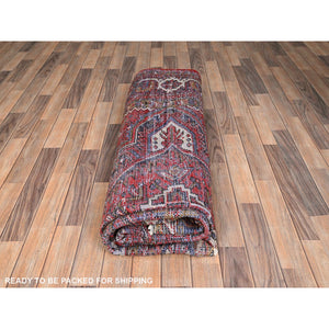7'8"x11' Carmine Red, Semi Antique Bohemian Persian Heriz, Good Condition, Distressed Feel, Evenly Worn, Pure Wool, Hand Knotted, Sides And Ends Professionally Secured, Cleaned, Oriental Rug FWR512136
