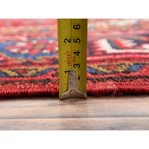 7'8"x11' Carmine Red, Semi Antique Bohemian Persian Heriz, Good Condition, Distressed Feel, Evenly Worn, Pure Wool, Hand Knotted, Sides And Ends Professionally Secured, Cleaned, Oriental Rug FWR512136