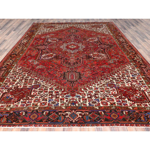 9'8"x12'9" Imperial Red With Ivory Corners, Pure Wool, Hand Knotted, Semi Antique Bohemian Persian Heriz, Good Condition, Rustic Feel, Sides And Ends Professionally Secured, Cleaned, Oriental Rug FWR512190