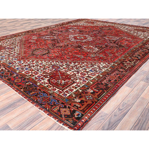 9'8"x12'9" Imperial Red With Ivory Corners, Pure Wool, Hand Knotted, Semi Antique Bohemian Persian Heriz, Good Condition, Rustic Feel, Sides And Ends Professionally Secured, Cleaned, Oriental Rug FWR512190