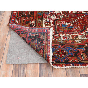 9'8"x12'9" Imperial Red With Ivory Corners, Pure Wool, Hand Knotted, Semi Antique Bohemian Persian Heriz, Good Condition, Rustic Feel, Sides And Ends Professionally Secured, Cleaned, Oriental Rug FWR512190