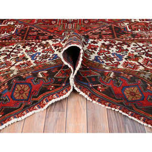 9'8"x12'9" Imperial Red With Ivory Corners, Pure Wool, Hand Knotted, Semi Antique Bohemian Persian Heriz, Good Condition, Rustic Feel, Sides And Ends Professionally Secured, Cleaned, Oriental Rug FWR512190