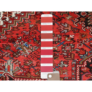 9'8"x12'9" Imperial Red With Ivory Corners, Pure Wool, Hand Knotted, Semi Antique Bohemian Persian Heriz, Good Condition, Rustic Feel, Sides And Ends Professionally Secured, Cleaned, Oriental Rug FWR512190