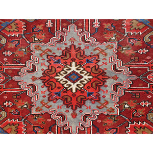 9'8"x12'9" Imperial Red With Ivory Corners, Pure Wool, Hand Knotted, Semi Antique Bohemian Persian Heriz, Good Condition, Rustic Feel, Sides And Ends Professionally Secured, Cleaned, Oriental Rug FWR512190