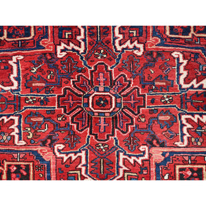 9'6"x13'6" Cardinals Red, Pure Wool, Hand Knotted, Semi Antique Bohemian Persian Heriz, Good Condition, Distressed Look, Sides And Ends Professionally Secured, Cleaned, Oriental Rug FWR512220
