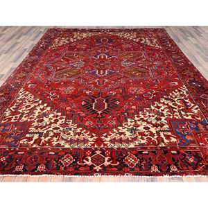 9'4"x12'5" Cardinals Red, Rustic Look, Pure Wool, Hand Knotted, Semi Antique Bohemian Persian Heriz, Good Condition, Sides And Ends Professionally Secured, Cleaned, Oriental Rug FWR512226