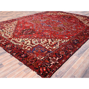 9'4"x12'5" Cardinals Red, Rustic Look, Pure Wool, Hand Knotted, Semi Antique Bohemian Persian Heriz, Good Condition, Sides And Ends Professionally Secured, Cleaned, Oriental Rug FWR512226