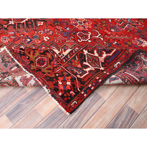 9'4"x12'5" Cardinals Red, Rustic Look, Pure Wool, Hand Knotted, Semi Antique Bohemian Persian Heriz, Good Condition, Sides And Ends Professionally Secured, Cleaned, Oriental Rug FWR512226