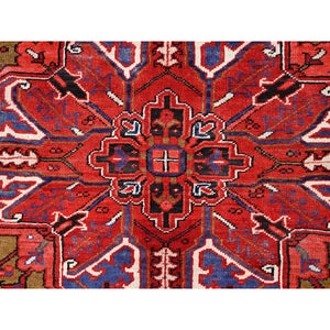 9'4"x12'5" Cardinals Red, Rustic Look, Pure Wool, Hand Knotted, Semi Antique Bohemian Persian Heriz, Good Condition, Sides And Ends Professionally Secured, Cleaned, Oriental Rug FWR512226