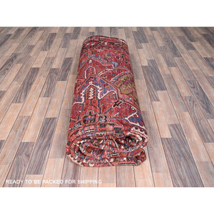 9'4"x12'5" Cardinals Red, Rustic Look, Pure Wool, Hand Knotted, Semi Antique Bohemian Persian Heriz, Good Condition, Sides And Ends Professionally Secured, Cleaned, Oriental Rug FWR512226