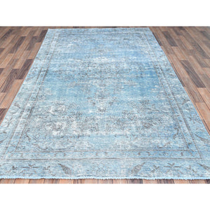 5'5"x8'10" Powder Blue, Vintage Persian Tabriz, Distressed Look, Sheared Low, Overdyed, Worn Wool, Hand Knotted, Oriental Rug FWR512430