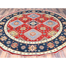 Load image into Gallery viewer, 7&#39;10&quot;x7&#39;9&quot; Crimson Red, Vegetable Dyes, Extra Soft Wool, Special Kazak With Geometric Elements, Hand Knotted, Round Oriental Rug FWR512502