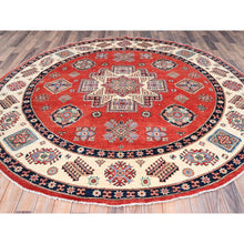 Load image into Gallery viewer, 8&#39;x8&#39; Crimson Red, Special Kazak With Geometric Medallions, Natural Dyes, Pure Wool, Hand Knotted, Round Oriental Rug FWR512520