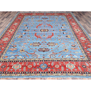 9'x11'6" Sky Blue, Vegetable Dyes, Extra Soft Wool, Afghan Peshawar With Serapi Heriz Design, Dense Weave, Hand Knotted, Oriental Rug FWR512682
