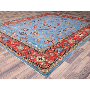 9'x11'6" Sky Blue, Vegetable Dyes, Extra Soft Wool, Afghan Peshawar With Serapi Heriz Design, Dense Weave, Hand Knotted, Oriental Rug FWR512682