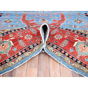 9'x11'6" Sky Blue, Vegetable Dyes, Extra Soft Wool, Afghan Peshawar With Serapi Heriz Design, Dense Weave, Hand Knotted, Oriental Rug FWR512682