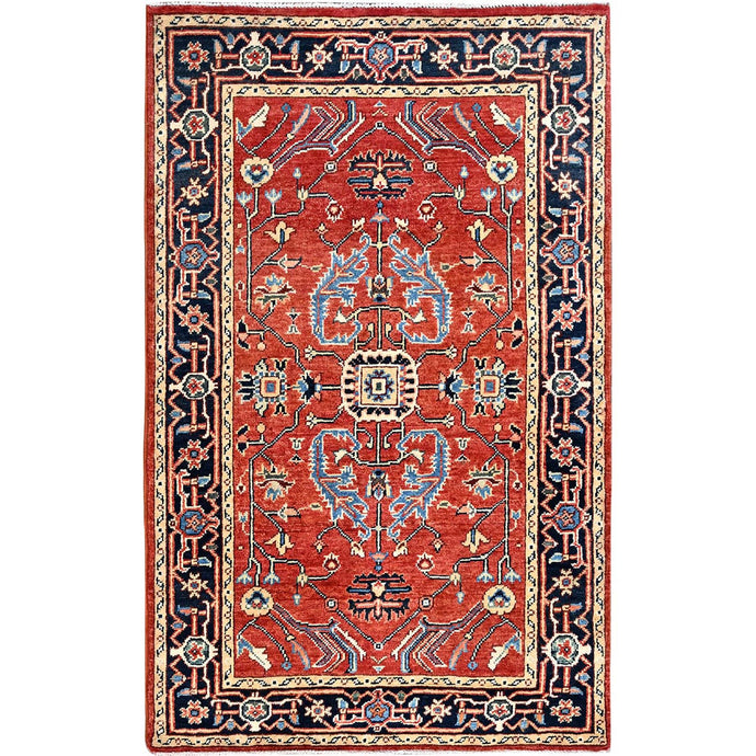 3'x5' Chili Red, Hand Knotted, Afghan Peshawar with Serapi Heriz Design, Dense Weave, Natural Dyes, Extra Soft Wool, Oriental Rug FWR513072