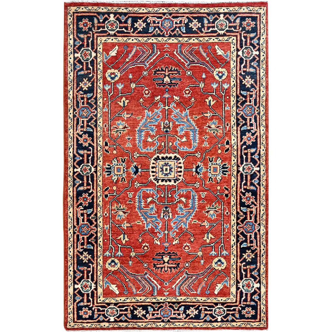 3'x5' Chili Red, Hand Knotted, Afghan Peshawar with Serapi Heriz Design, Dense Weave, Natural Dyes, Extra Soft Wool, Oriental Rug FWR513072