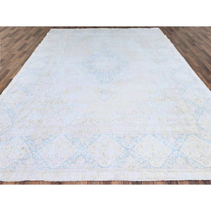 9'4"x12'3" Spring White, Pure Wool, Hand Knotted, Vintage Persian Kerman, Washed Out, Evenly Worn, Cleaned with Sides and Edges Professionally Secured, Oriental Rug FWR513150