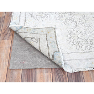 7'2"x9'10" Alabaster White, Natural Wool, Hand Knotted, Vintage Persian Kerman, Washed Out, Evenly Worn, Cleaned with Sides and Edges Professionally Secured, Oriental Rug FWR513174