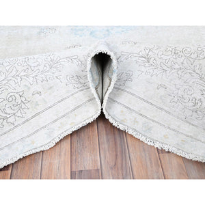 7'2"x9'10" Alabaster White, Natural Wool, Hand Knotted, Vintage Persian Kerman, Washed Out, Evenly Worn, Cleaned with Sides and Edges Professionally Secured, Oriental Rug FWR513174