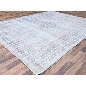 7'9"x10'1" Arctic Blue, Vintage Persian Kerman, Erased Medallion, Worn Down, Pure Wool, Hand Knotted, Cleaned with Sides and Edges Professionally Secured, Oriental Rug FWR513186