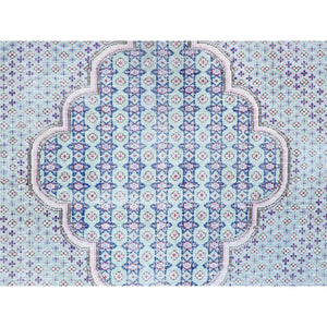 7'9"x10'1" Arctic Blue, Vintage Persian Kerman, Erased Medallion, Worn Down, Pure Wool, Hand Knotted, Cleaned with Sides and Edges Professionally Secured, Oriental Rug FWR513186
