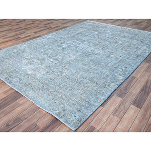 7'1"x10'7" Medium Turquoise, Pure Wool, Hand Knotted, Vintage Persian Tabriz With Faded Design, Shaved Down, Distressed Feel, Oriental Rug FWR513240