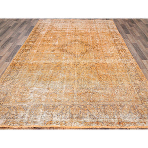 6'5"x10' Carrot Orange, Shaved Down, Distressed Look, Extra Soft Wool, Hand Knotted, Vintage Persian Tabriz With Faded Medallion Design, Oriental Rug FWR513252