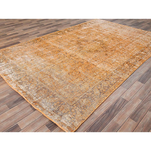 6'5"x10' Carrot Orange, Shaved Down, Distressed Look, Extra Soft Wool, Hand Knotted, Vintage Persian Tabriz With Faded Medallion Design, Oriental Rug FWR513252