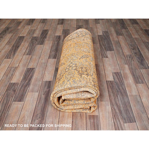 6'5"x10' Carrot Orange, Shaved Down, Distressed Look, Extra Soft Wool, Hand Knotted, Vintage Persian Tabriz With Faded Medallion Design, Oriental Rug FWR513252