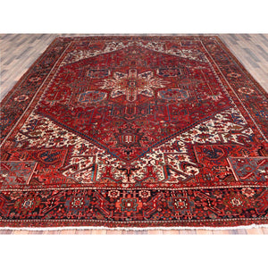 10'1"x12'9" Ajax Red, Semi Antique Persian Heriz with Tribal Ambience, Good Condition, Distressed Look, Pure Wool, Hand Knotted, Oriental Rug FWR513372