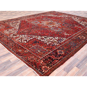 10'1"x12'9" Ajax Red, Semi Antique Persian Heriz with Tribal Ambience, Good Condition, Distressed Look, Pure Wool, Hand Knotted, Oriental Rug FWR513372