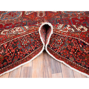 10'1"x12'9" Ajax Red, Semi Antique Persian Heriz With Tribal Ambience, Good Condition, Distressed Look, Pure Wool, Hand Knotted, Oriental Rug FWR513372